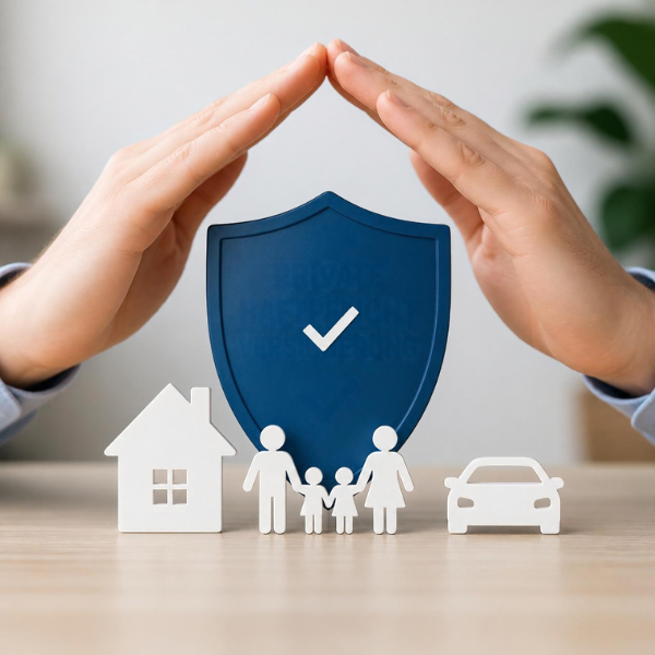 Schützende Hände über Familie, Haus und Auto – Haftpflichtschutz